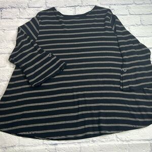 J. Jill Black Tee with White/Tan Stripes. 3/4 Length Bell Sleeve. Size 2X
